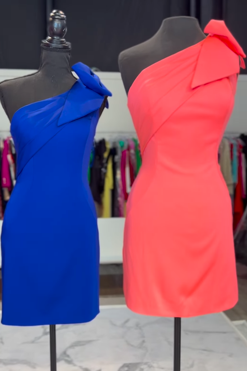 Load image into Gallery viewer, Fuchsia Satin One Shoulder Tight Short Prom Dress with Bow