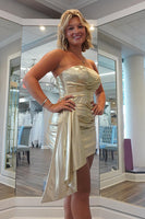 Load image into Gallery viewer, Sparkly Gold Metallic Strapless Tight Short Prom Dress with Side Cape