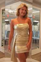 Load image into Gallery viewer, Sparkly Gold Metallic Strapless Tight Short Prom Dress with Side Cape