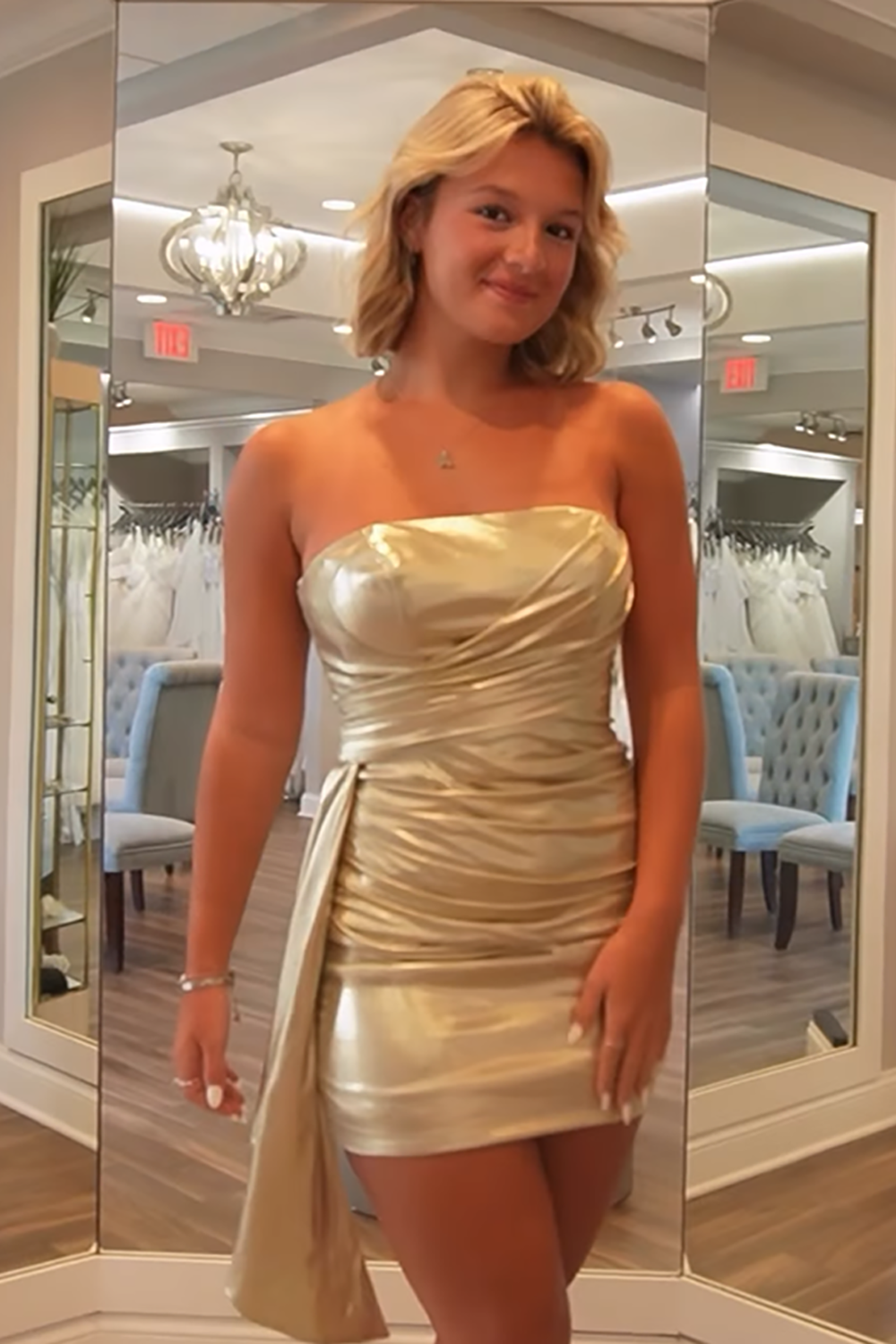 Sparkly Gold Metallic Strapless Tight Short Prom Dress with Side Cape