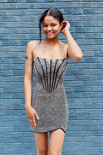 Sparkly Black Strapless Beaded Tight Short Corset Prom Dress