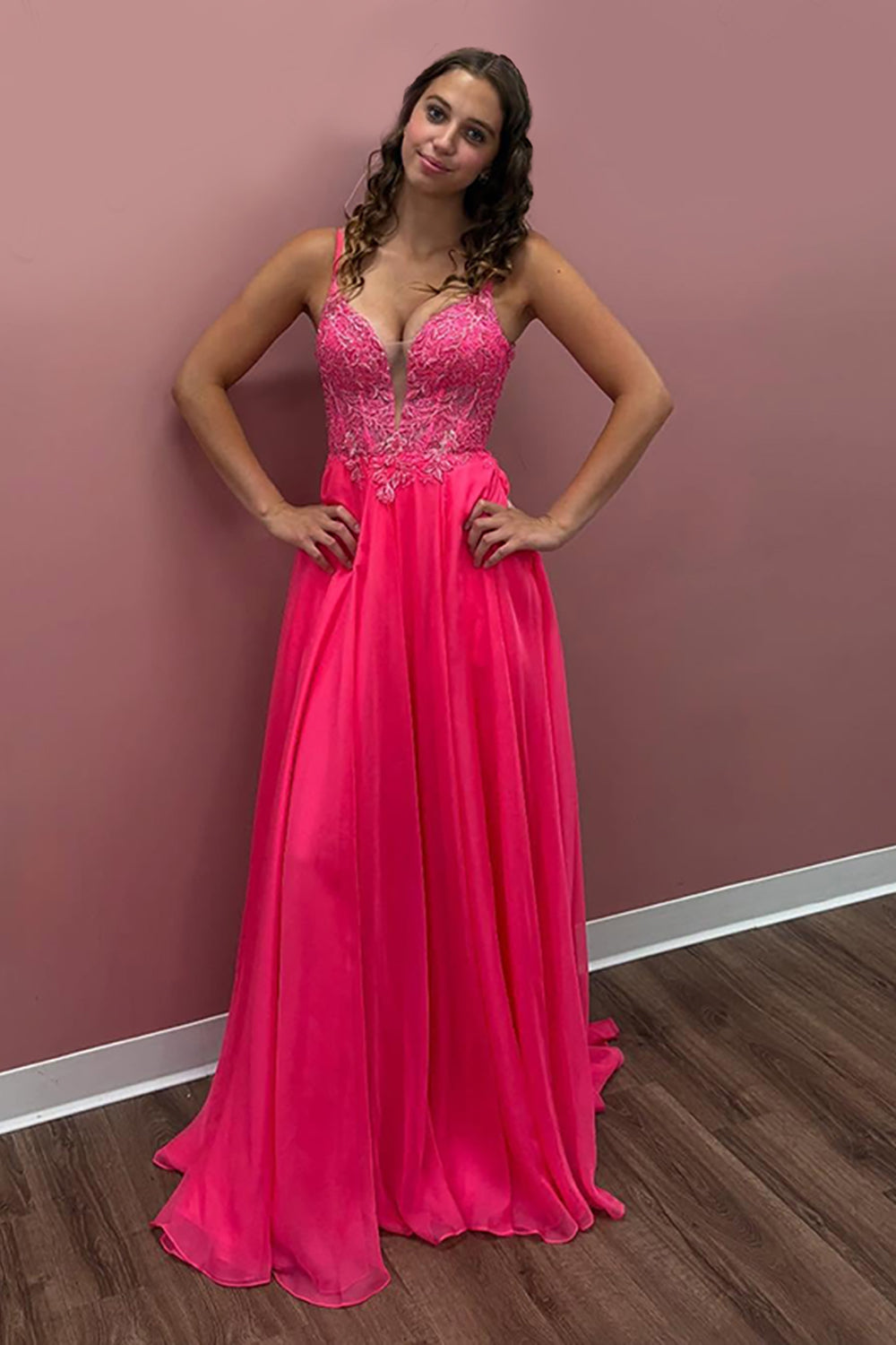 Coral Spaghetti Straps Chiffon A-Line Corset Long Prom Dress with Appliques
