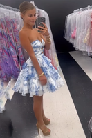 Load image into Gallery viewer, Blue Floral Ruffled Sweetheart A-Line Short Prom Dress