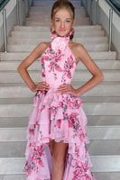 Load image into Gallery viewer, Pink Floral A-Line High Neck Ruffled High Low Prom Dress with 3D Flower