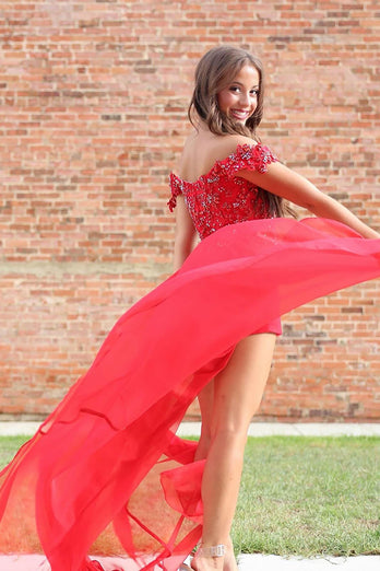 Sparkly Red Off the Shoulder Tight Short Prom Jumpsuits with Beading