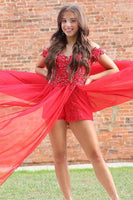 Load image into Gallery viewer, Women Sparkly Red Short Prom Jumpsuits with Beading Off the Shoulder Tight Mini Birthday Party Jumpsuits