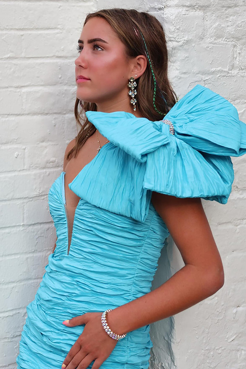 Load image into Gallery viewer, Blue Ruched One Shoulder Tight Short Prom Dress with Bow