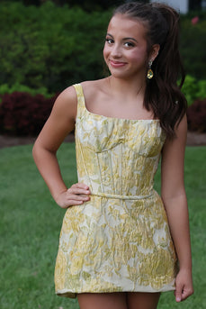 Yellow Floral A-Line Thick Straps Short Prom Dress