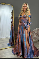 Load image into Gallery viewer, Sparkly Blue Metallic Off the Shoulder A-Line Long Corset Prom Dress with Bow