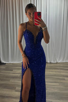Load image into Gallery viewer, Sparkly Royal Blue Mermaid Spaghetti Straps Long Prom Dress with Slit