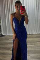 Load image into Gallery viewer, Sparkly Royal Blue Mermaid Spaghetti Straps Long Prom Dress with Slit