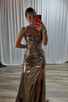 Load image into Gallery viewer, Sparkly Gold Metallic Sweetheart Ruched Mermaid Long Prom Dress with Slit