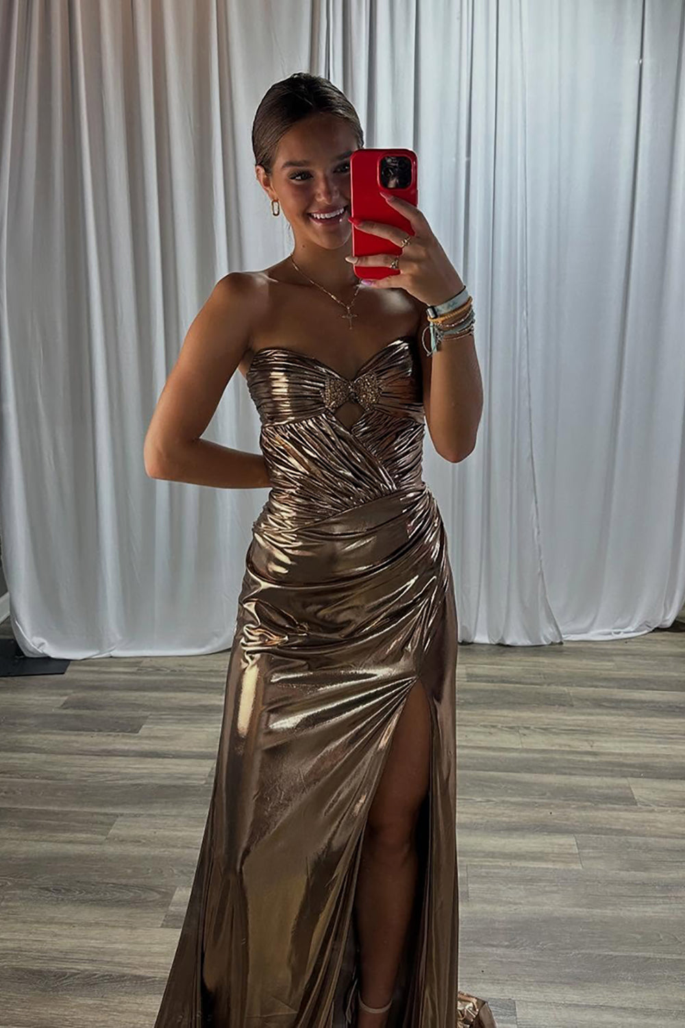 Sparkly Gold Metallic Sweetheart Ruched Mermaid Long Prom Dress with Slit