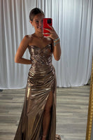 Load image into Gallery viewer, Sparkly Gold Metallic Sweetheart Ruched Mermaid Long Prom Dress with Slit