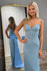Load image into Gallery viewer, Sparkly Blue Spaghetti Straps Beaded Long Corset Prom Dress with Bow