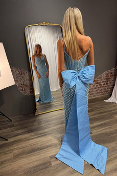 Sparkly Blue Spaghetti Straps Beaded Long Corset Prom Dress with Bow