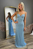 Load image into Gallery viewer, Sparkly Blue Spaghetti Straps Beaded Long Corset Prom Dress with Bow