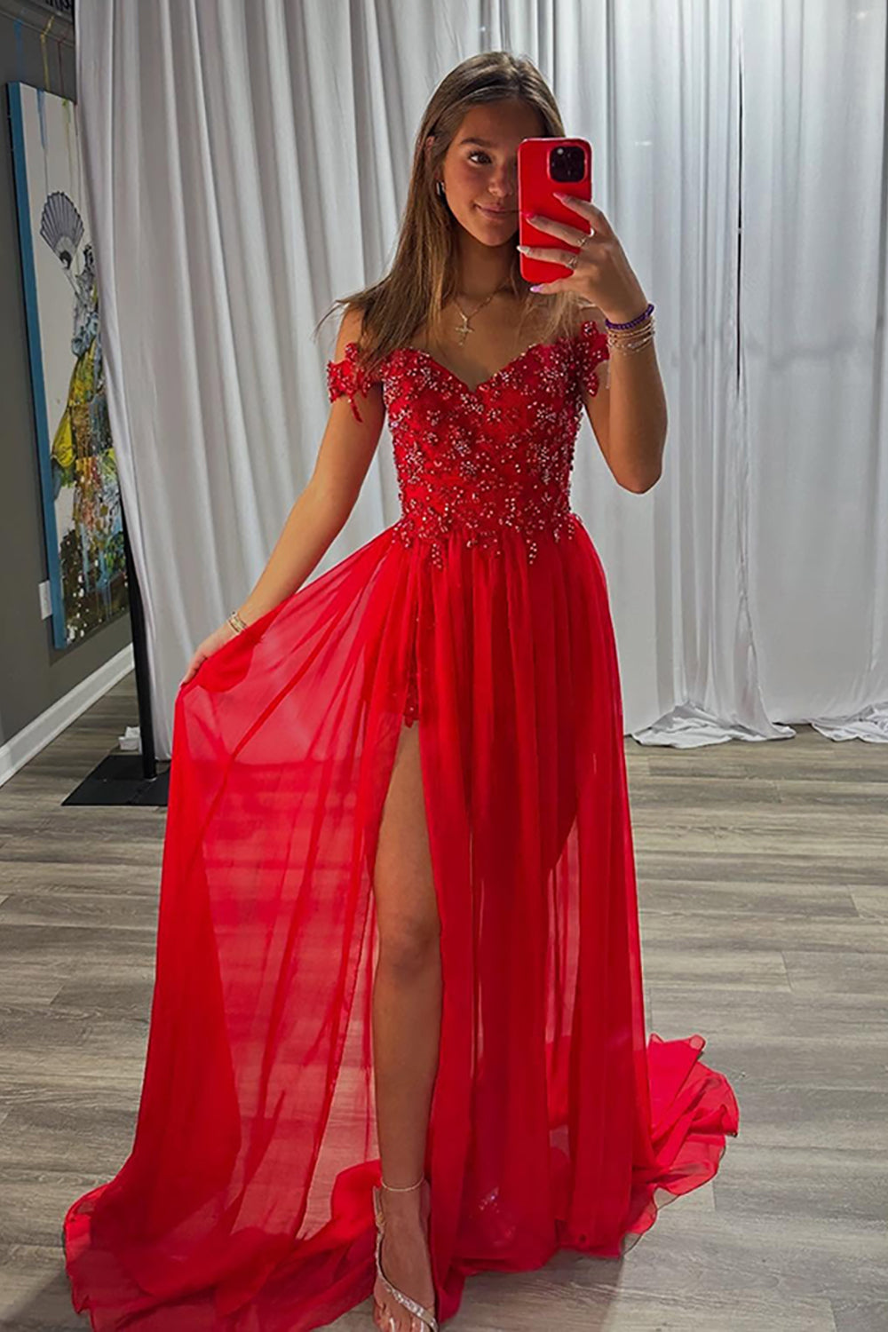 Sparkly Red A-Line Off the Shoulder Chiffon Long Prom Dress with Beading