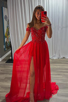 Load image into Gallery viewer, Sparkly Red A-Line Off the Shoulder Chiffon Long Prom Dress with Beading
