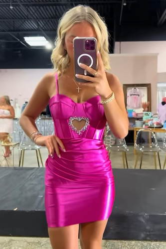 Sparkly Fuchsia Satin Spaghetti Straps Corset Tight Short Prom Dress with Beading