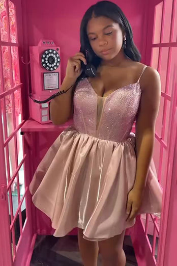 Sparkly Champagne Spaghetti Straps Corset A-Line Short Prom Dress with Beading