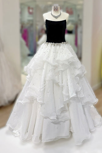 Black and White Strapless Beaded A Line Long Formal Dress with Ruffles