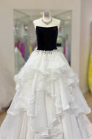 Load image into Gallery viewer, Black and White Strapless Beaded A Line Long Formal Dress with Ruffles