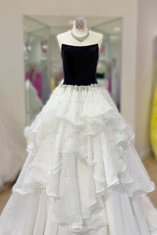 Black and White Strapless Beaded A Line Long Formal Dress with Ruffles