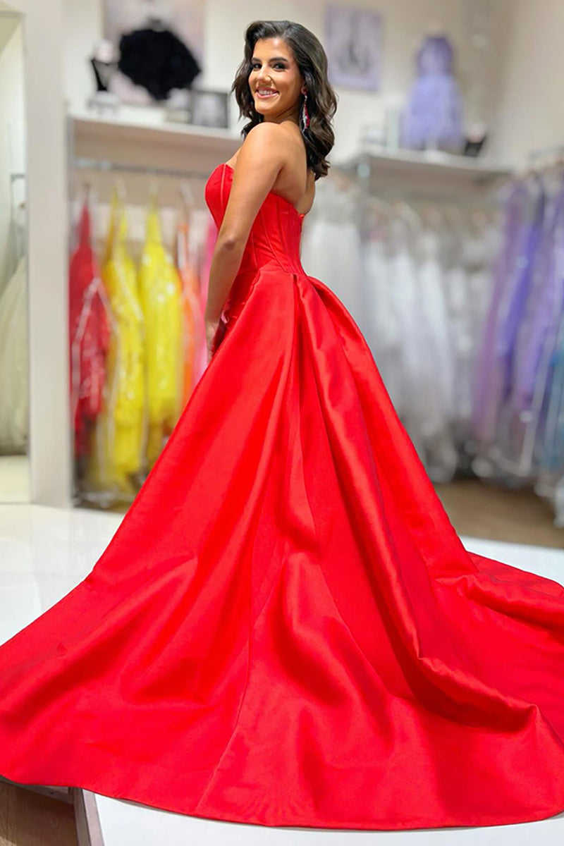 Load image into Gallery viewer, Red Satin A-Line Strapless Long Corset Prom Dress with Cape