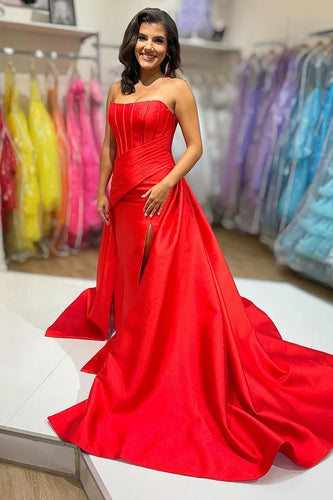 Red Satin A-Line Strapless Long Corset Prom Dress with Cape