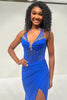 Load image into Gallery viewer, Sparkly Royal Blue Satin Mermaid Halter Long Corset Prom Dress with Beading