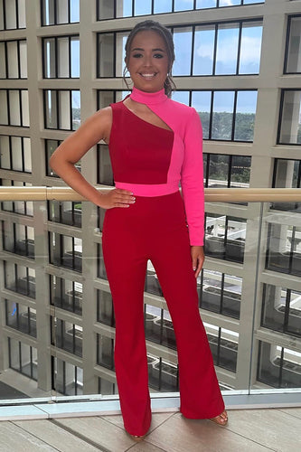 Dark Red Satin High Neck Long Prom Jumpsuits with Sleeves