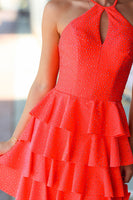 Load image into Gallery viewer, Sparkly Orange A-Line Ruffled Halter Short Prom Dress with Beading
