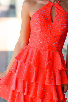 Sparkly Orange A-Line Ruffled Halter Short Prom Dress with Beading