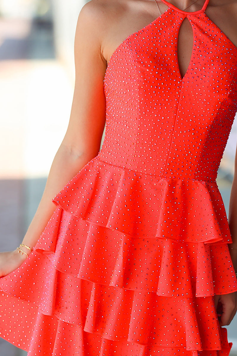 Load image into Gallery viewer, Sparkly Orange A-Line Ruffled Halter Short Prom Dress with Beading
