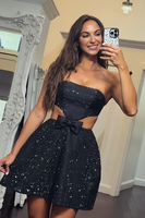 Load image into Gallery viewer, Sparkly Black Satin Strapless A-Line Short Prom Dress with Beading