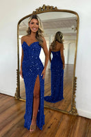 Load image into Gallery viewer, Sparkly Fuchsia Strapless Sequins Long Corset Prom Dress with Slit