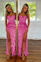 Load image into Gallery viewer, Sparkly Fuchsia Strapless Sequins Long Corset Prom Dress with Slit