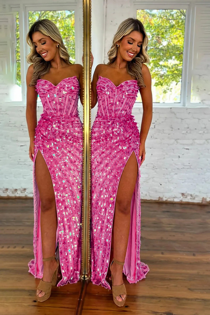 Load image into Gallery viewer, Sparkly Fuchsia Strapless Sequins Long Corset Prom Dress with Slit
