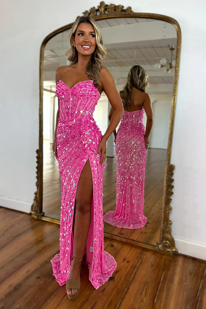Load image into Gallery viewer, Sparkly Fuchsia Strapless Sequins Long Corset Prom Dress with Slit