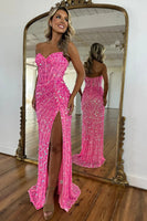 Load image into Gallery viewer, Sparkly Fuchsia Strapless Sequins Long Corset Prom Dress with Slit