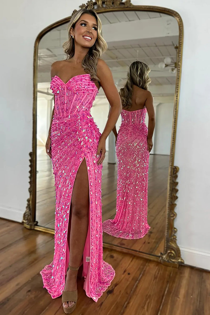 Load image into Gallery viewer, Sparkly Fuchsia Strapless Sequins Long Corset Prom Dress with Slit