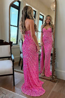 Load image into Gallery viewer, Sparkly Fuchsia Strapless Sequins Long Corset Prom Dress with Slit