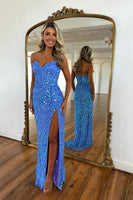 Load image into Gallery viewer, Sparkly Gold Strapless Corset Long Sequin Prom Dress with Slit