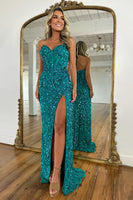 Load image into Gallery viewer, Sparkly Gold Strapless Corset Long Sequin Prom Dress with Slit