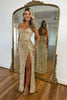 Load image into Gallery viewer, Sparkly Gold Strapless Sequins Long Corset Prom Dress with Slit