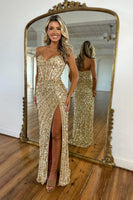 Load image into Gallery viewer, Women Sparkly Gold Seqiun Long Corset Prom Dress with Slit Sheath Straples Formal Dress