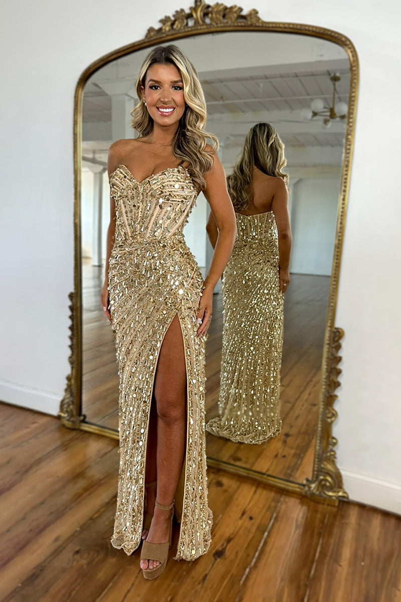 Load image into Gallery viewer, Sparkly Gold Strapless Sequins Long Corset Prom Dress with Slit