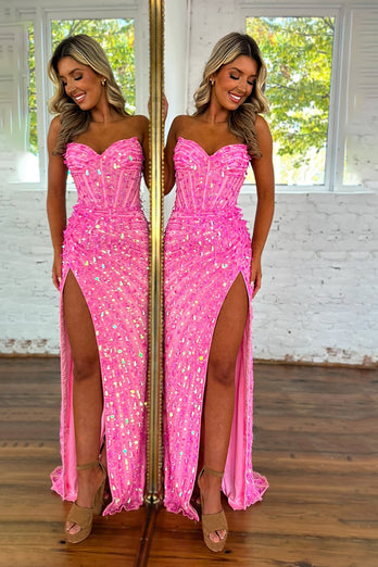 Sparkly Gold Strapless Sequins Long Corset Prom Dress with Slit