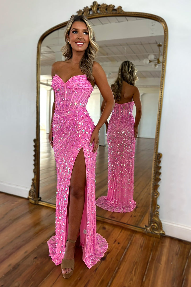 Load image into Gallery viewer, Sparkly Gold Strapless Sequins Long Corset Prom Dress with Slit